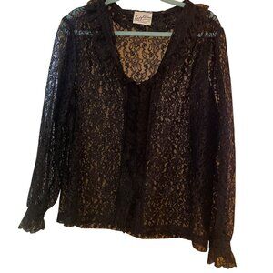 Lady Winn California by Teddi Womens Blouse Size Large Black Lace Ruffle Trim